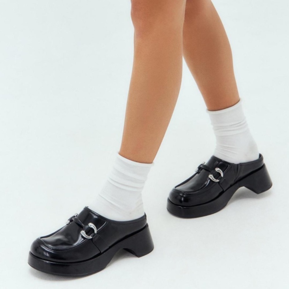 Black Leather Mules with Silver Buckle